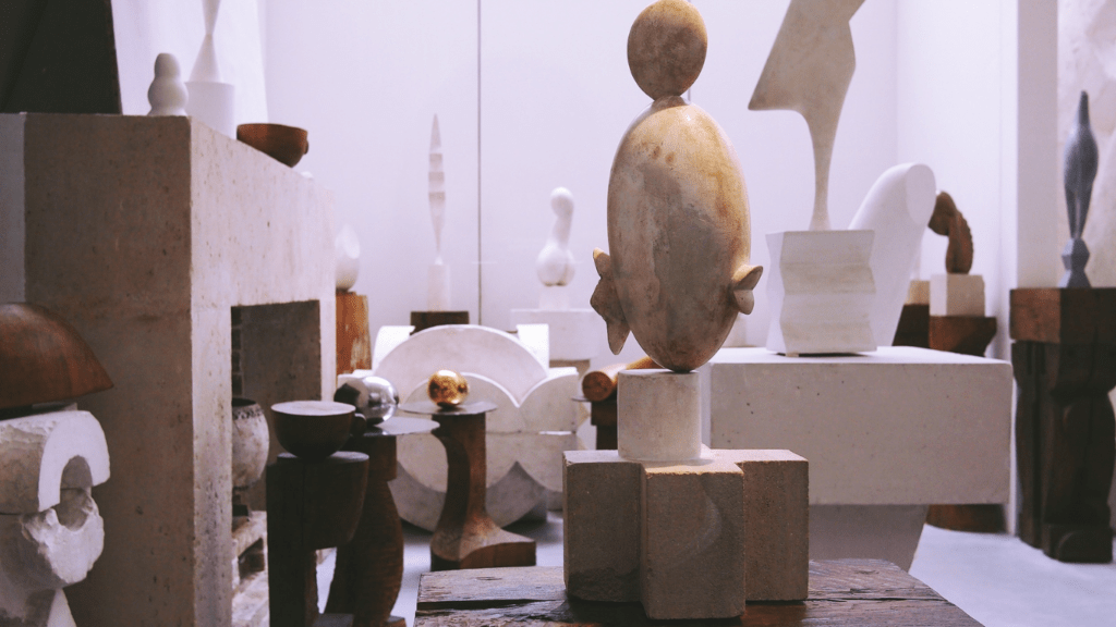 a gallery full of sculptures